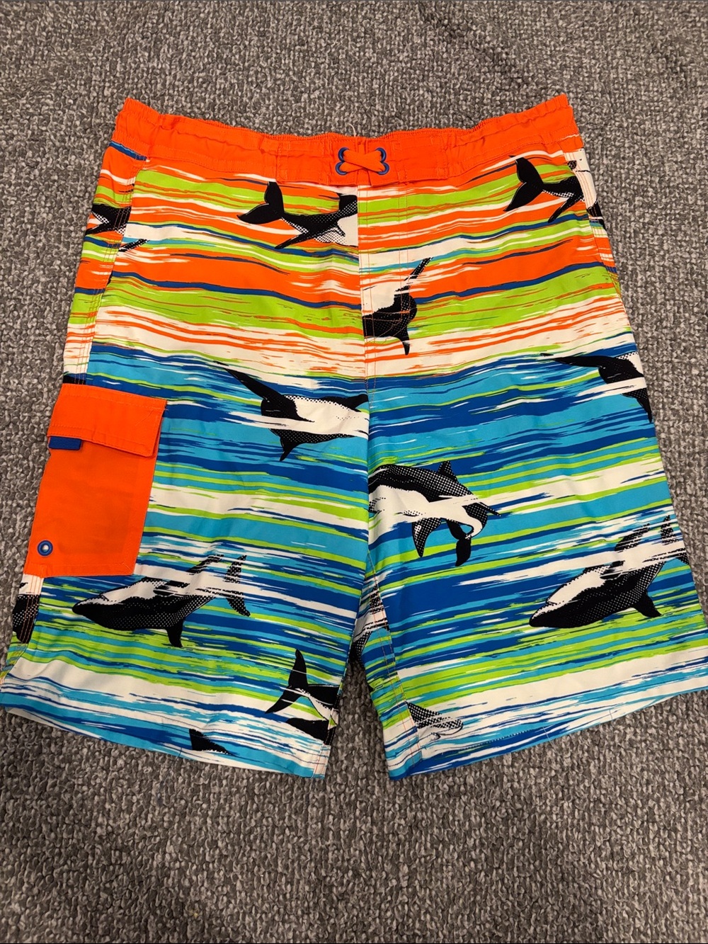 Boys Orange & Blue Shark Print Lined Swim Trunks